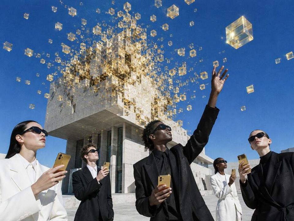 The top of a modernist building dissolves into floating golden glass cubes like tokens, while young investors hold up gold phones and one reaches for a cube