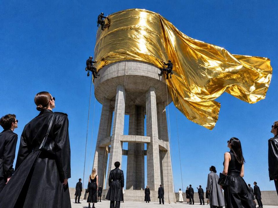 A water tower wrapped in gold