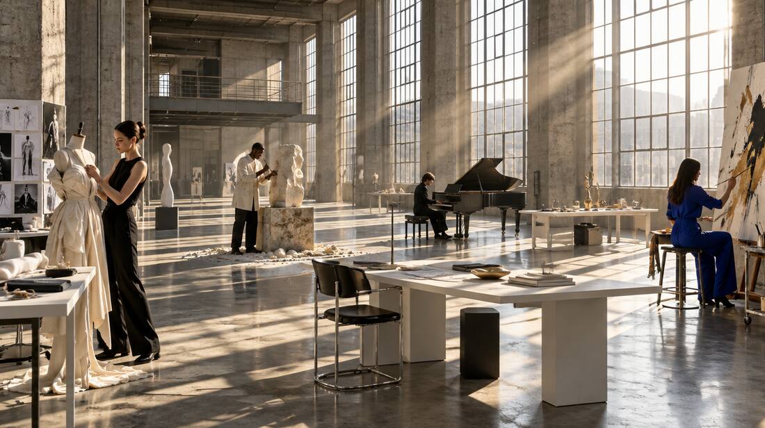 Studios in a restored industrial hall.